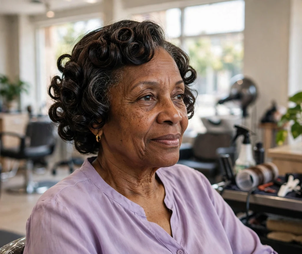 Black woman over 50 with a classic short roller set curls