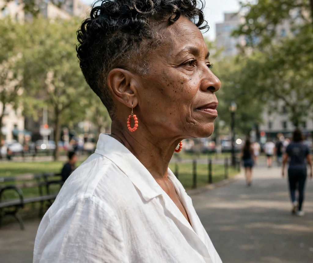 Black woman over 50 with a short tapered cut with defined curls
