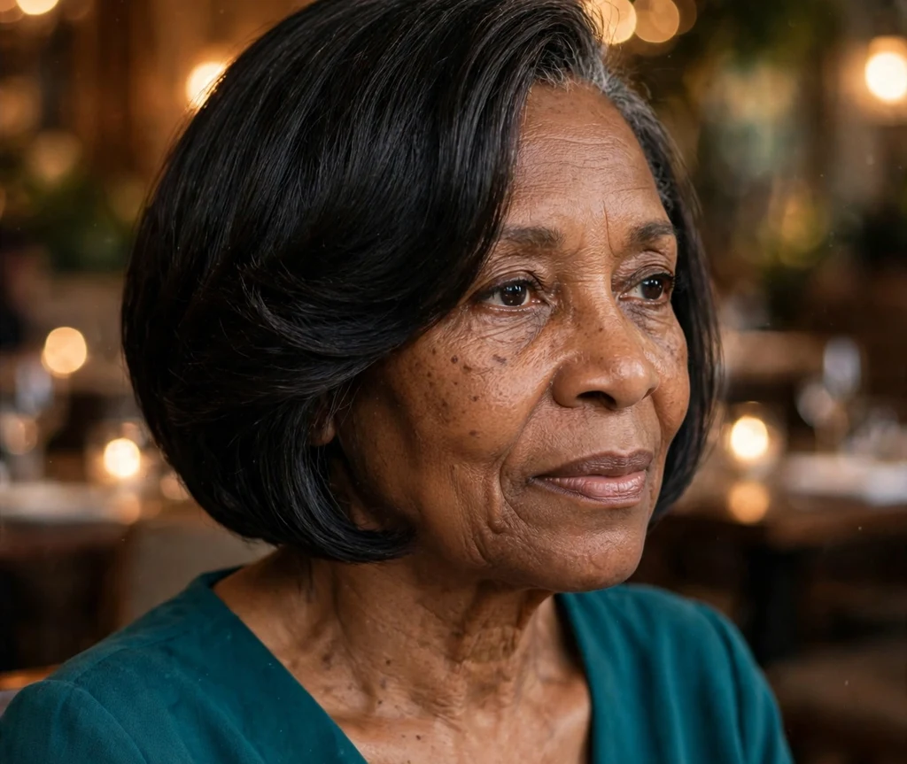Black woman over 50 with an elegant short side-swept bob