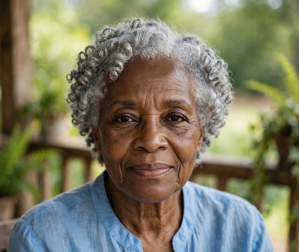 Black woman over 50 with short silver coils