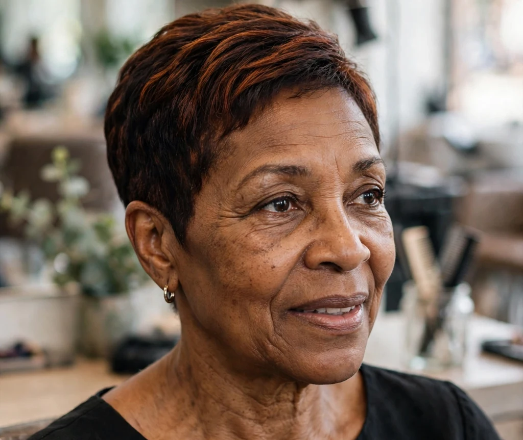 Black woman over 50 with a sophisticated short crop with auburn color