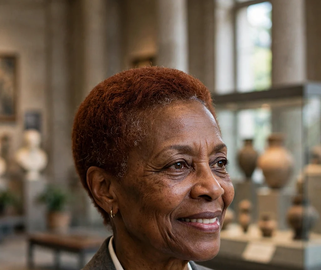 Black woman over 50 with a sophisticated short crop with auburn color