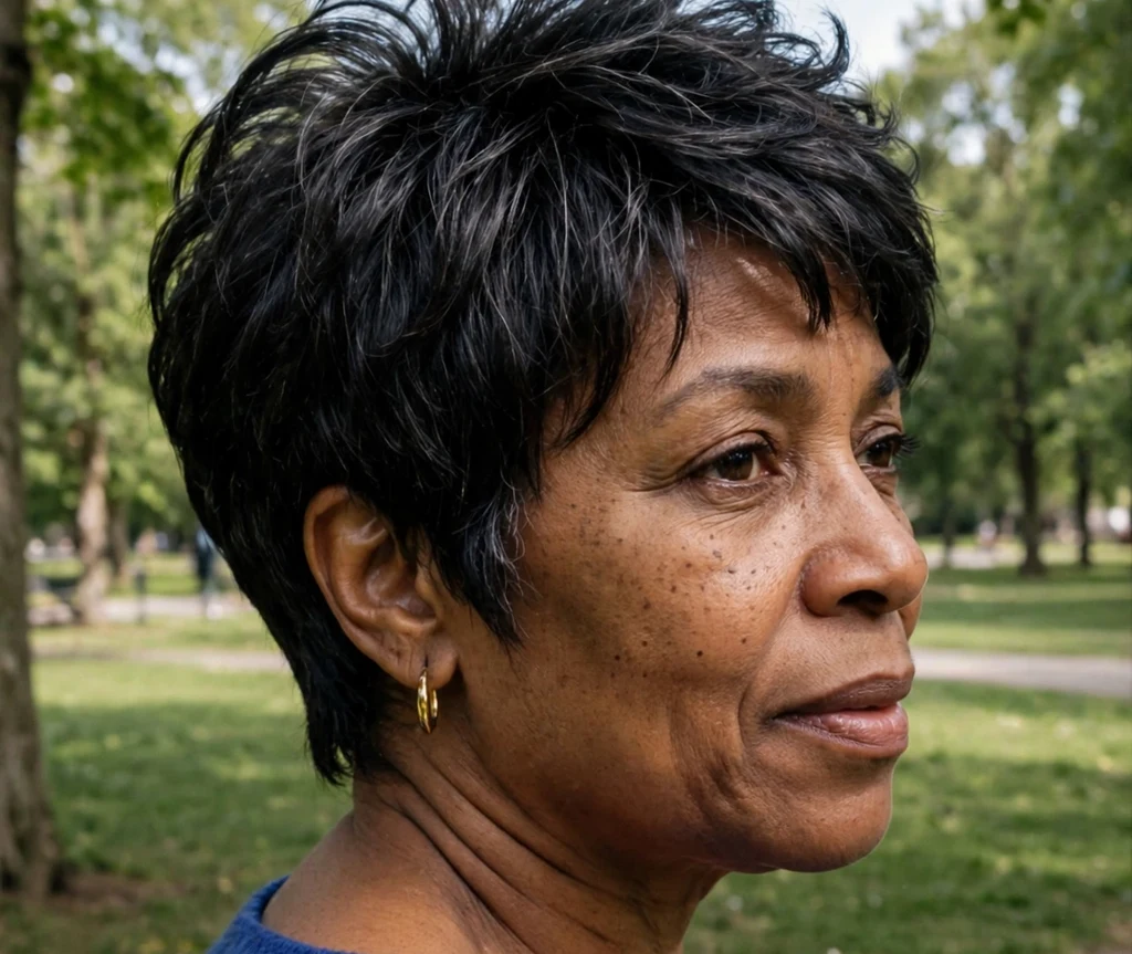Black woman over 50 with a short layered pixie with volume