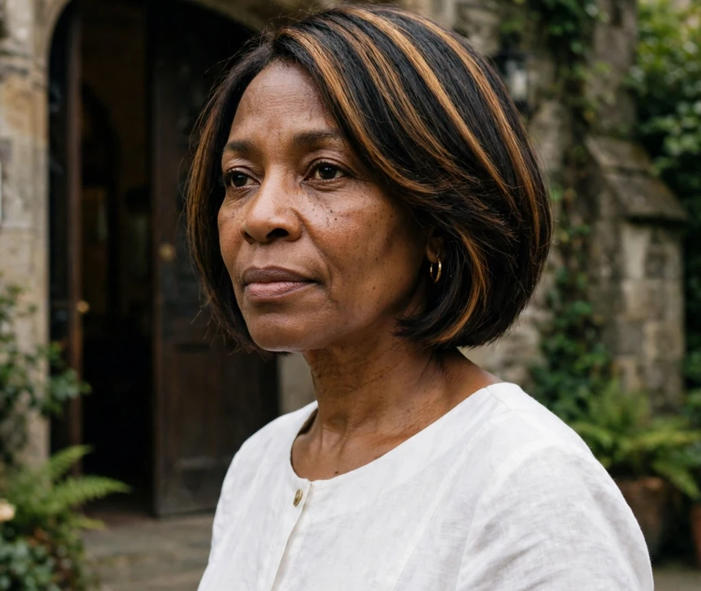 Black woman over 50 with a short bob with caramel highlights