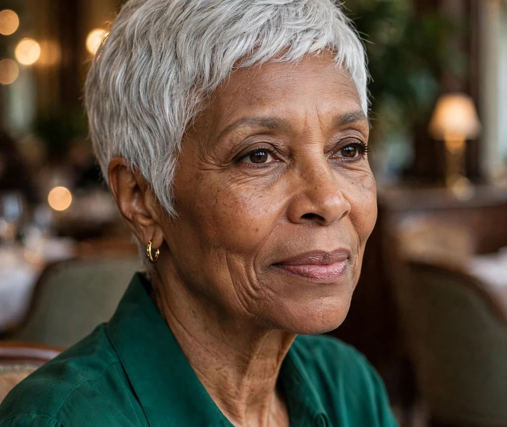 Black woman over 50 with a timeless silver pixie