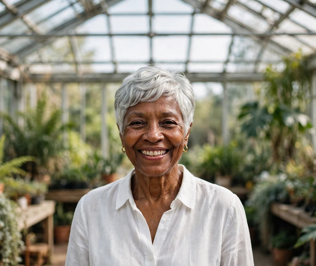 Black woman over 50 with a timeless silver pixie