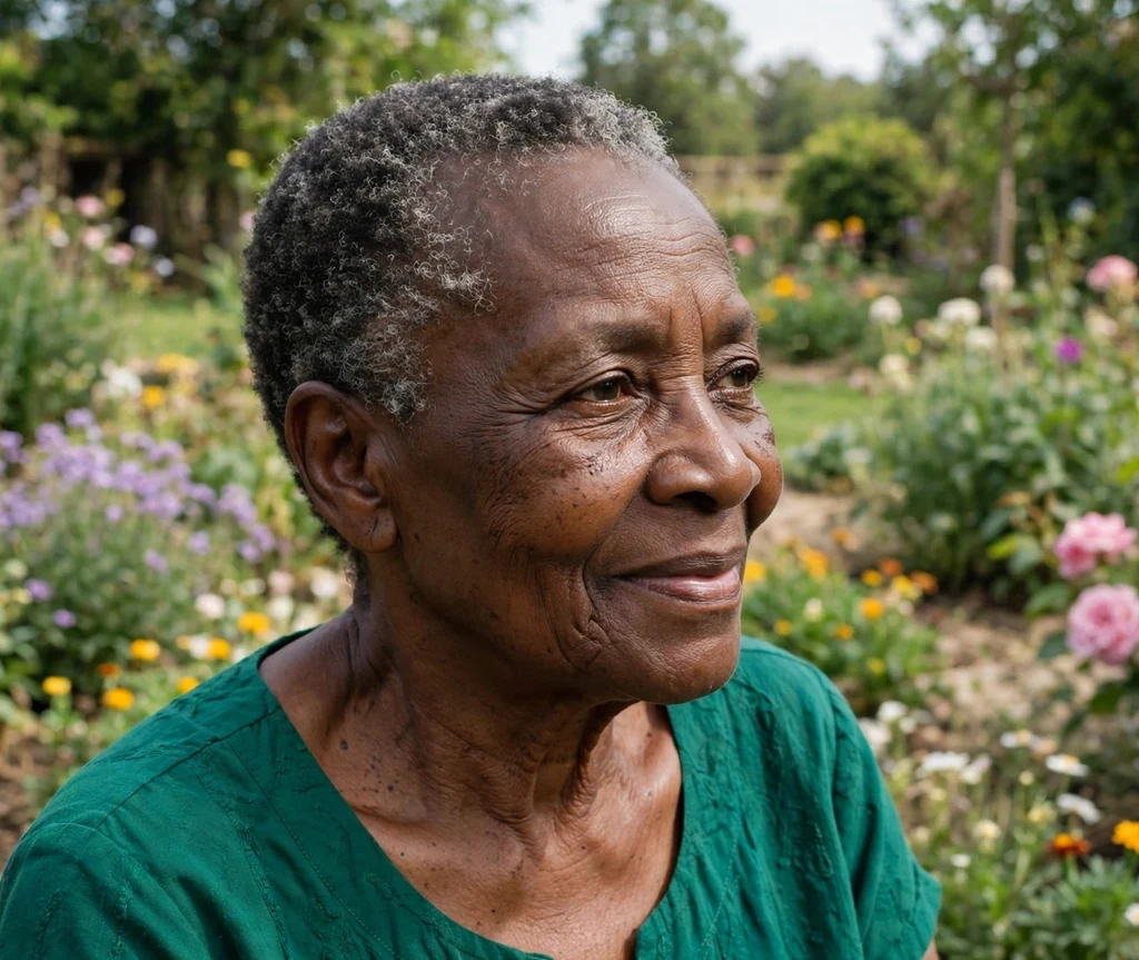 Black woman in her early 70s with a tapered natural short haircut