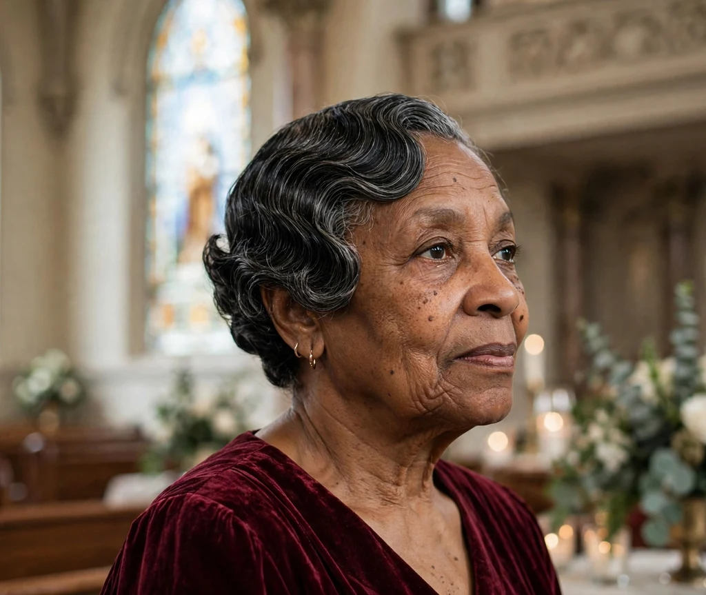 Black woman in her late 60s with short sculpted finger waves