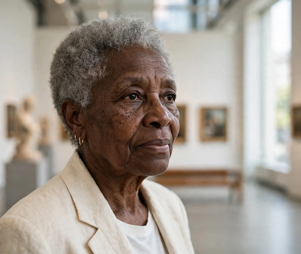 Black woman in her mid 60s with an elegant gray teeny weeny afro