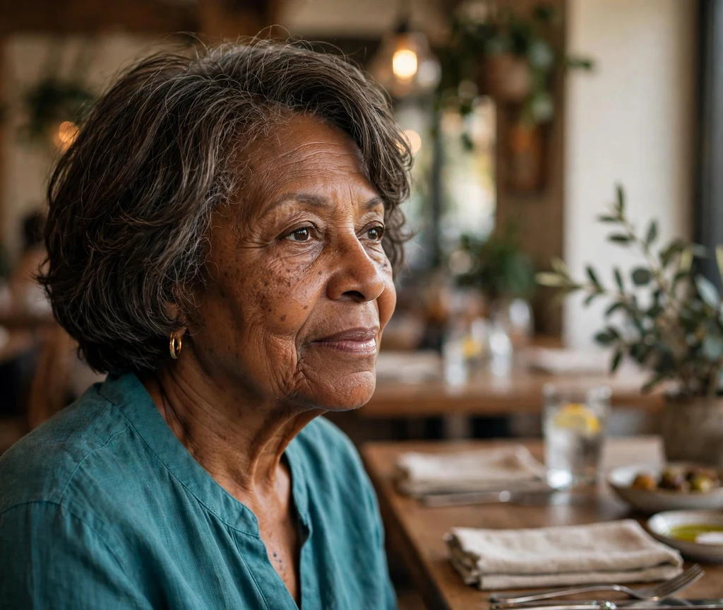 Black woman in her early 60s with a layered short bob