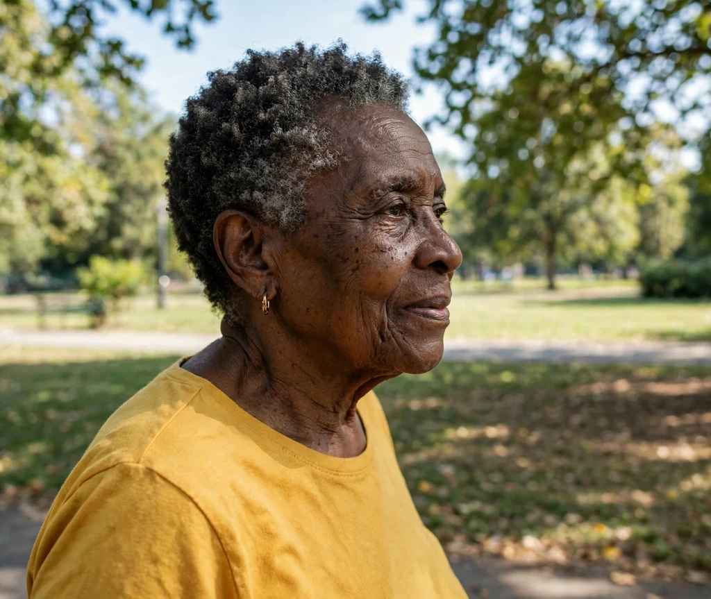 Black woman in her late 60s with cropped natural coils