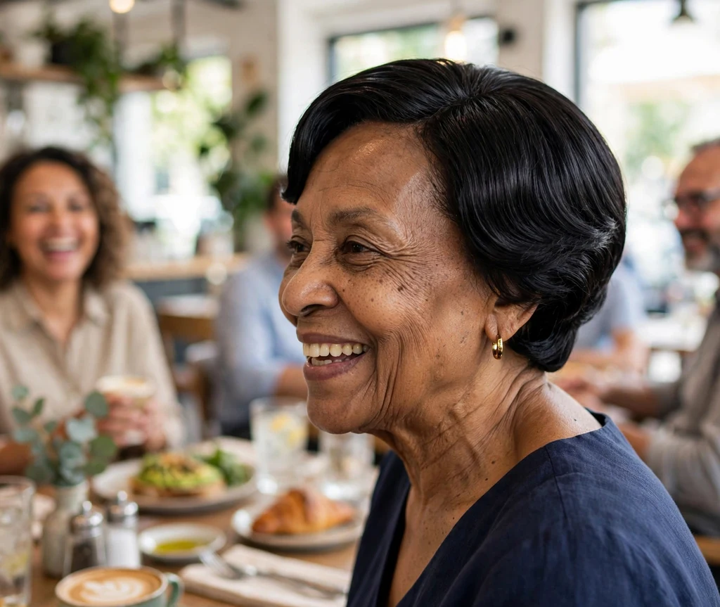 Black woman in her 60s with a sleek short wrapped hairstyle