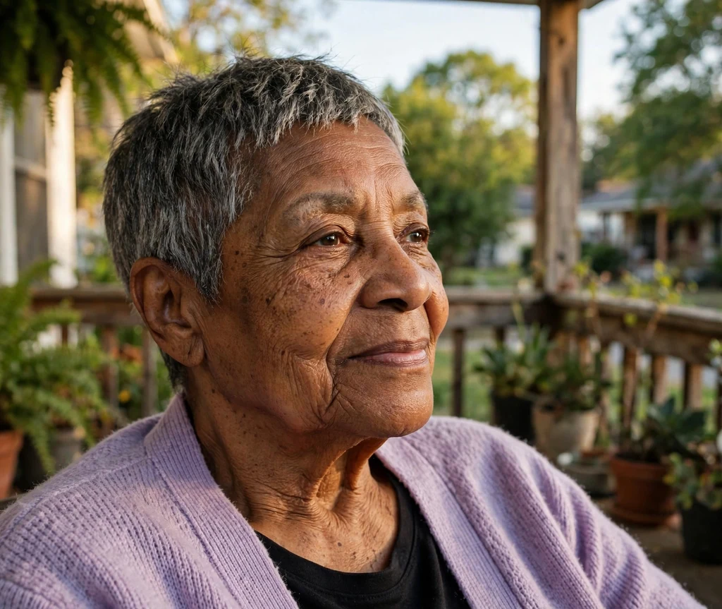 Black woman in her early 70s with a salt-and-pepper pixie cut