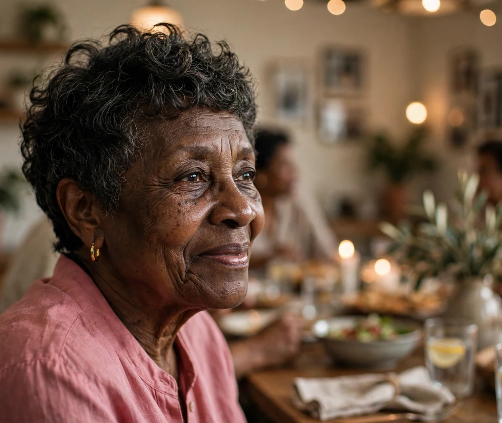 Black woman in her mid 60s with a curly pixie and soft curls on top