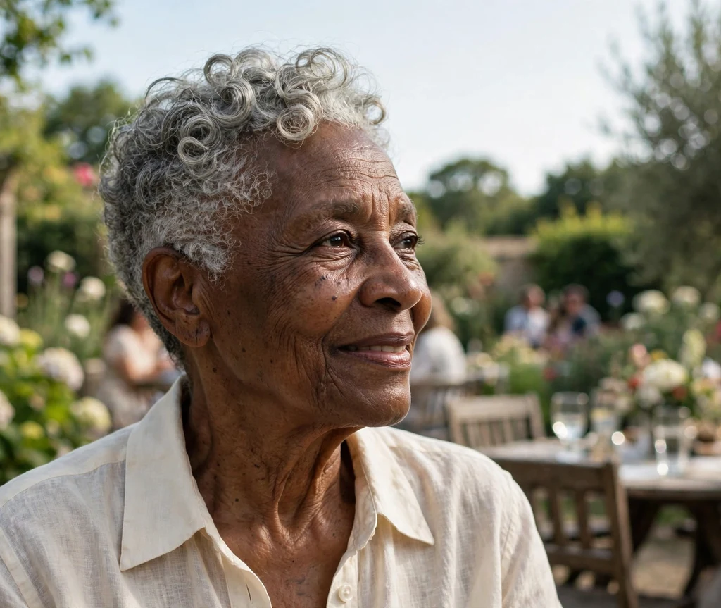 Black woman in her late 60s with tapered sides and silver curls on top