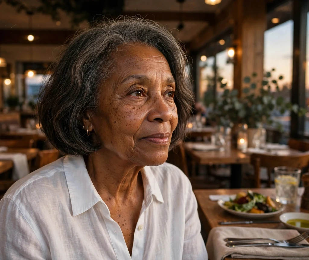 Black woman in her mid 60s with an elegant short relaxed bob