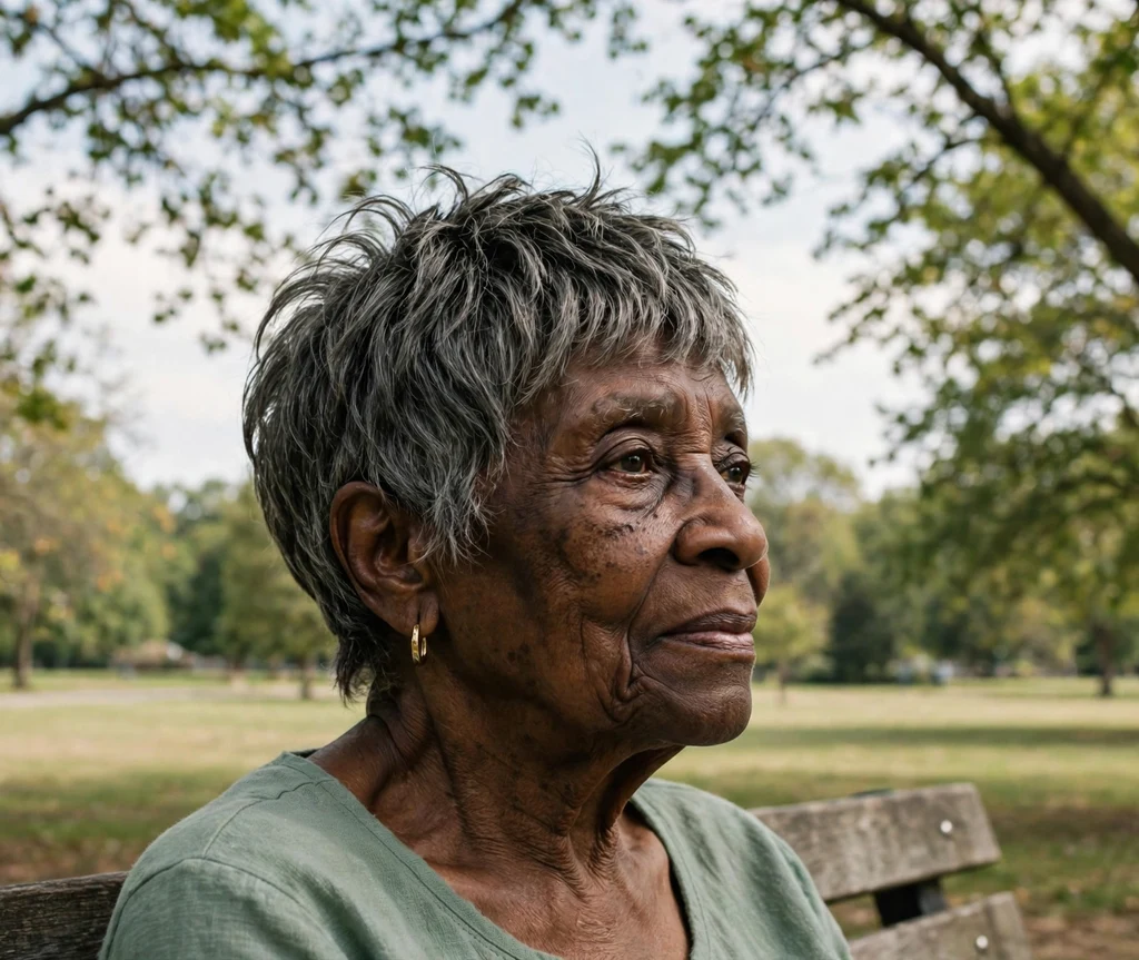 Black woman in her early 70s with a feathered pixie cut