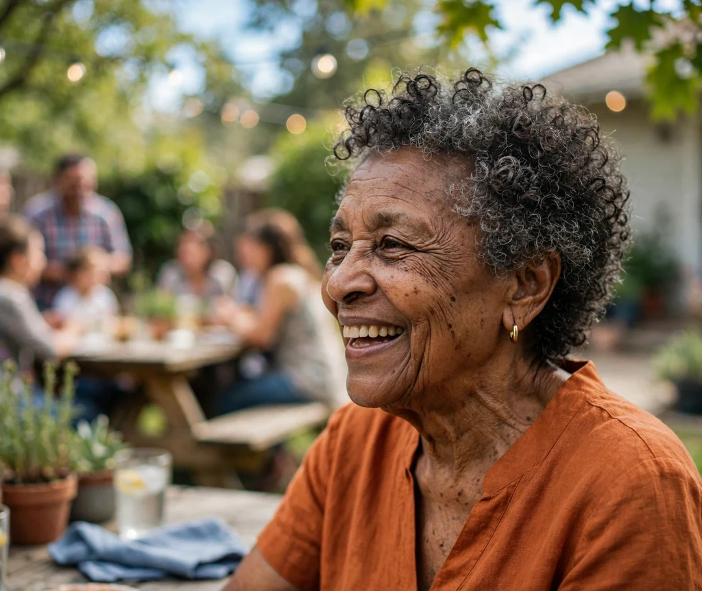 Black woman in her late 60s with short kinky curls