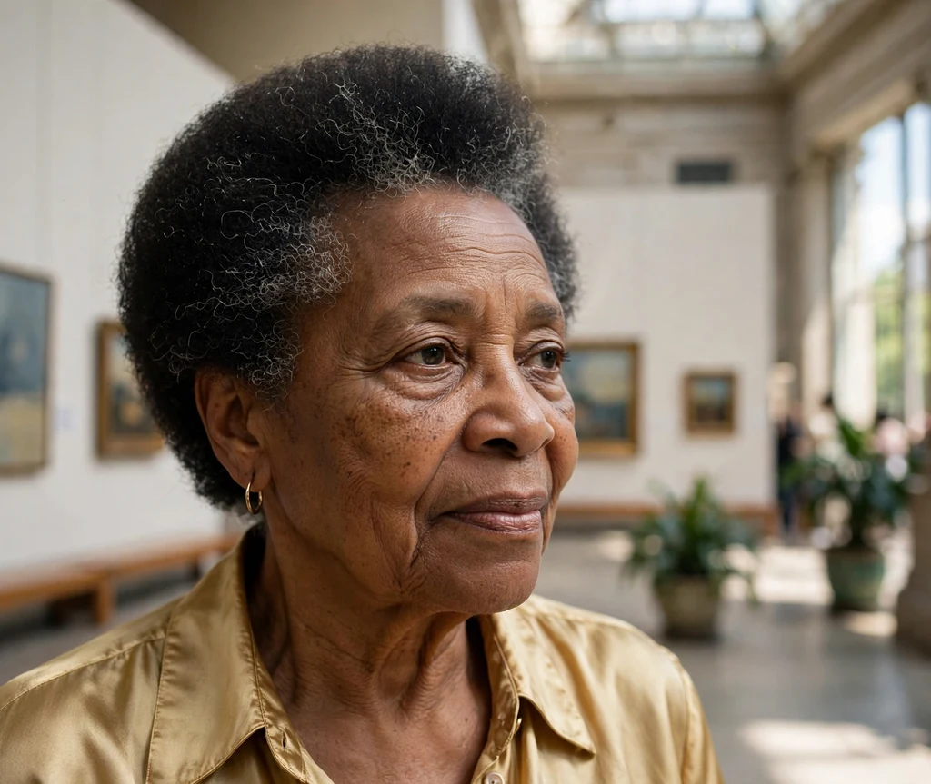 Black woman in her mid 60s with a classic tapered afro
