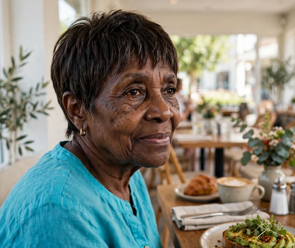 Black woman in her early 60s with a short pixie and soft bangs