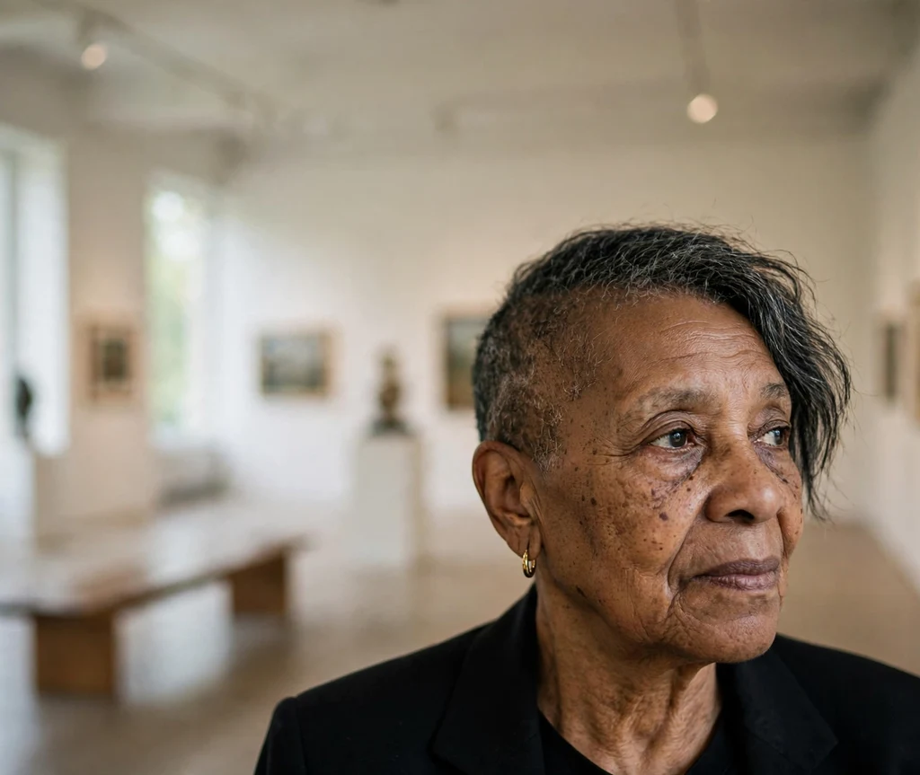 Black woman in her late 60s with an asymmetrical short haircut