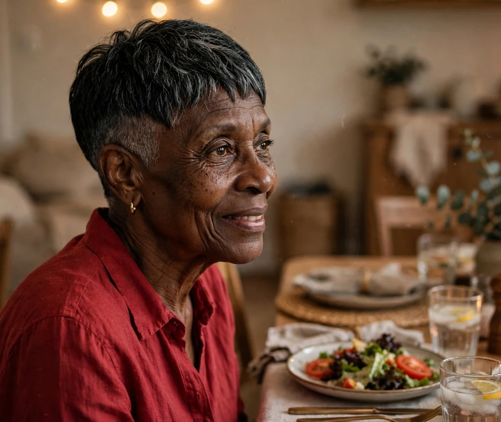 Black woman in her mid 60s with an elegant low fade pixie