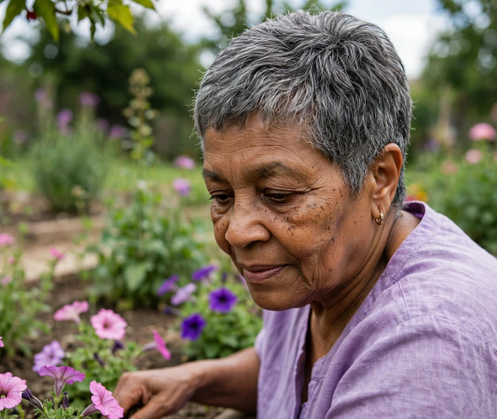 Black woman in her early 70s with a short layered crop