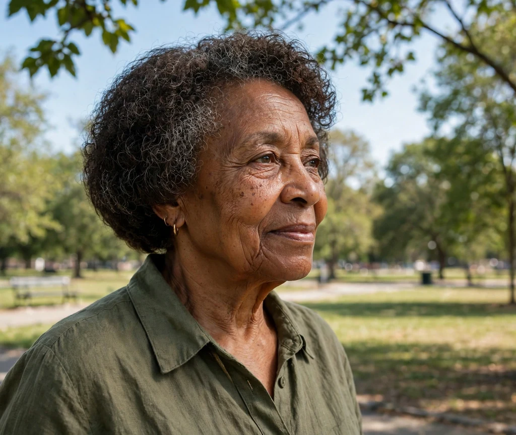 Black woman in her mid 60s with a graceful short coily bob