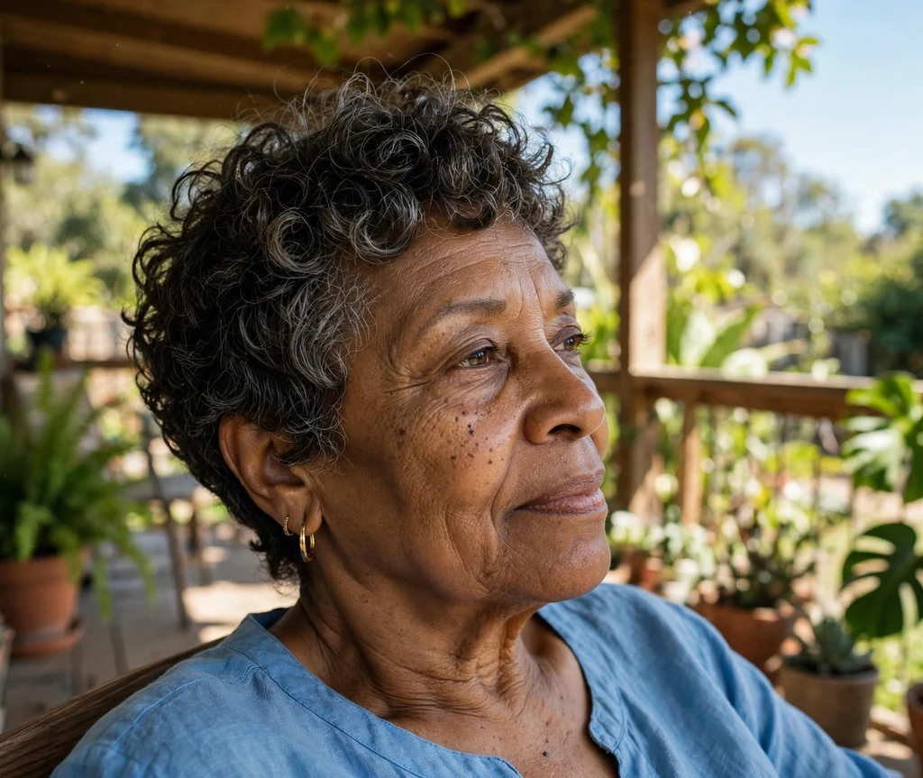 Black woman in her early 60s with a soft curls pixie cut