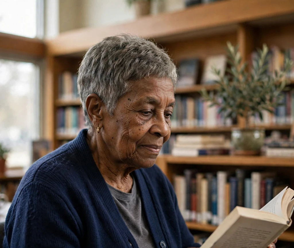 Black woman in her early 70s with an elegant tapered pixie