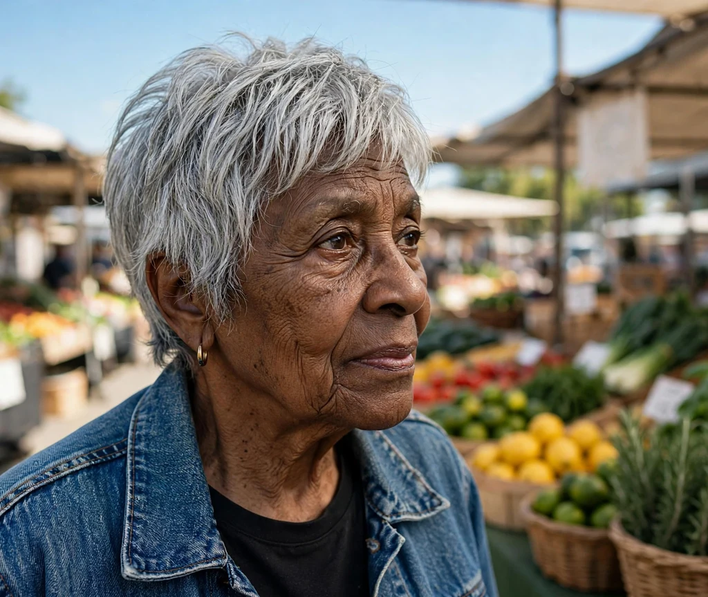 Black woman in her mid 60s with a silver short shag haircut