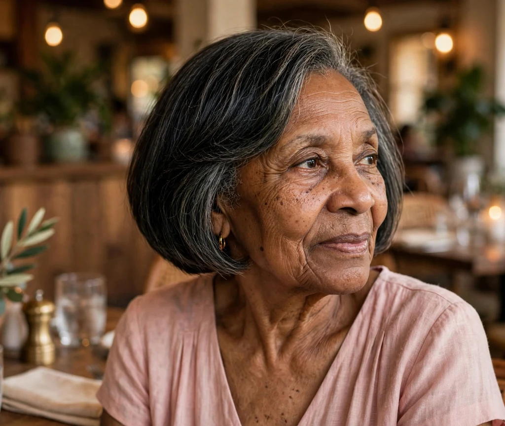 Black woman in her late 60s with a short bob and side sweep