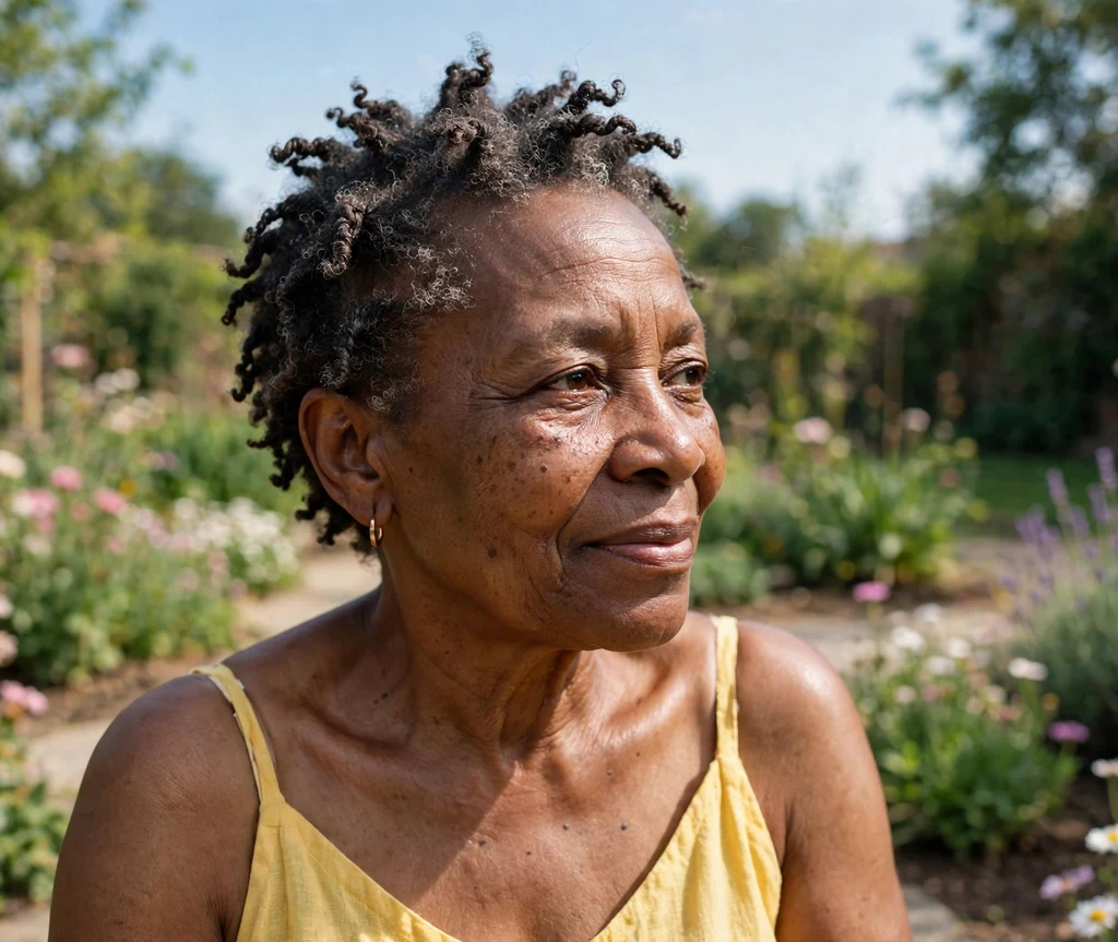 Black woman in her early 60s with cropped natural hair and twist-out texture