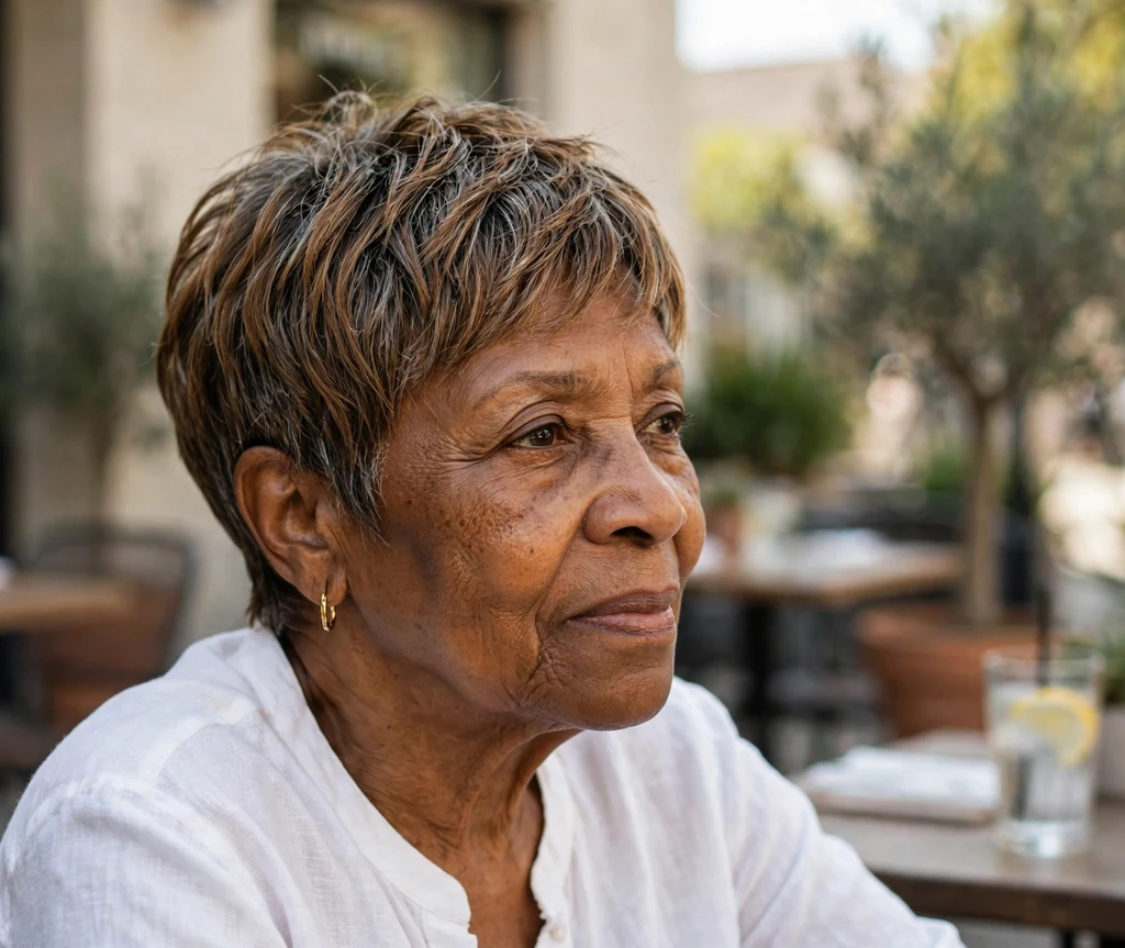 Black woman in her early 60s with a short pixie and subtle highlights