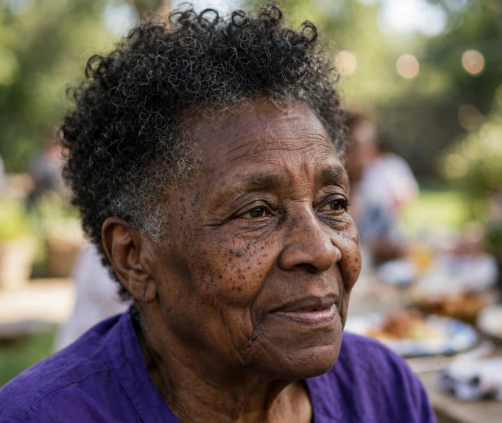 Black woman in her late 60s with a tapered cut and curly top