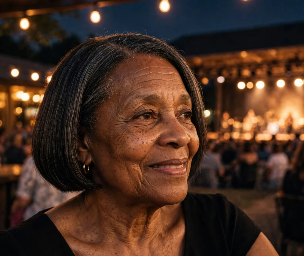 Black woman in her mid 60s with a sleek short bob and middle part