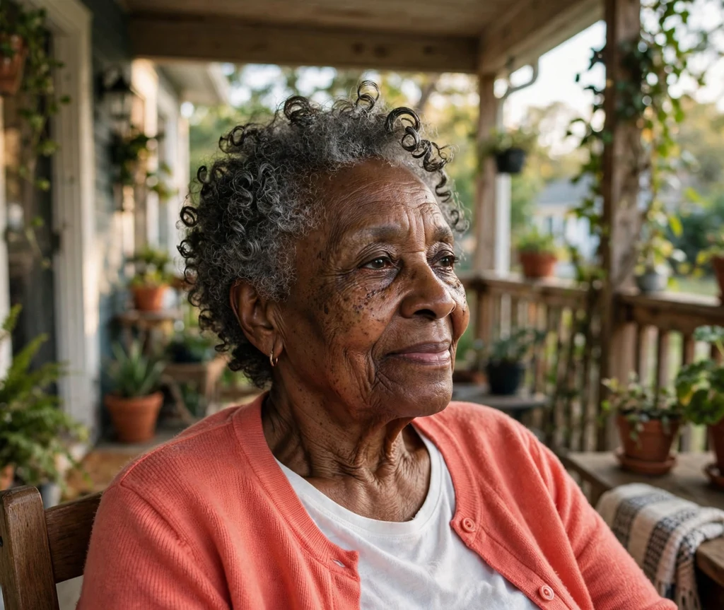 Black woman in her early 70s with short spiral curls