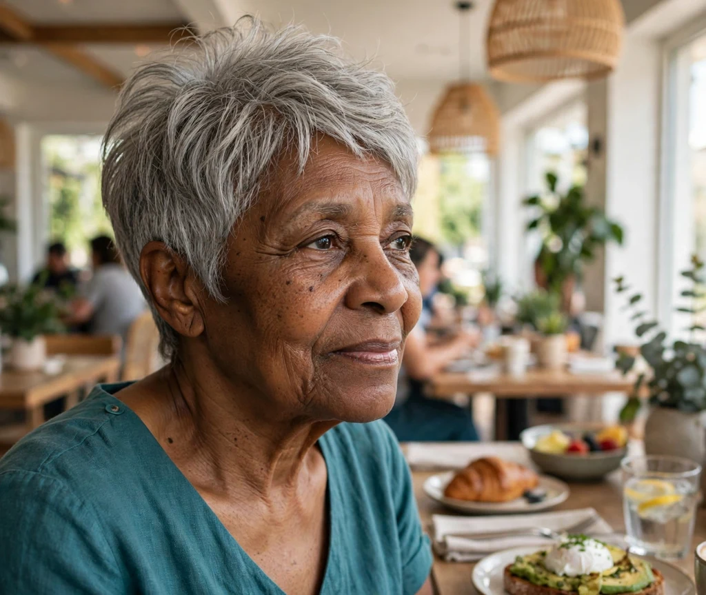 Black woman in her late 60s with a gray pixie and longer crown