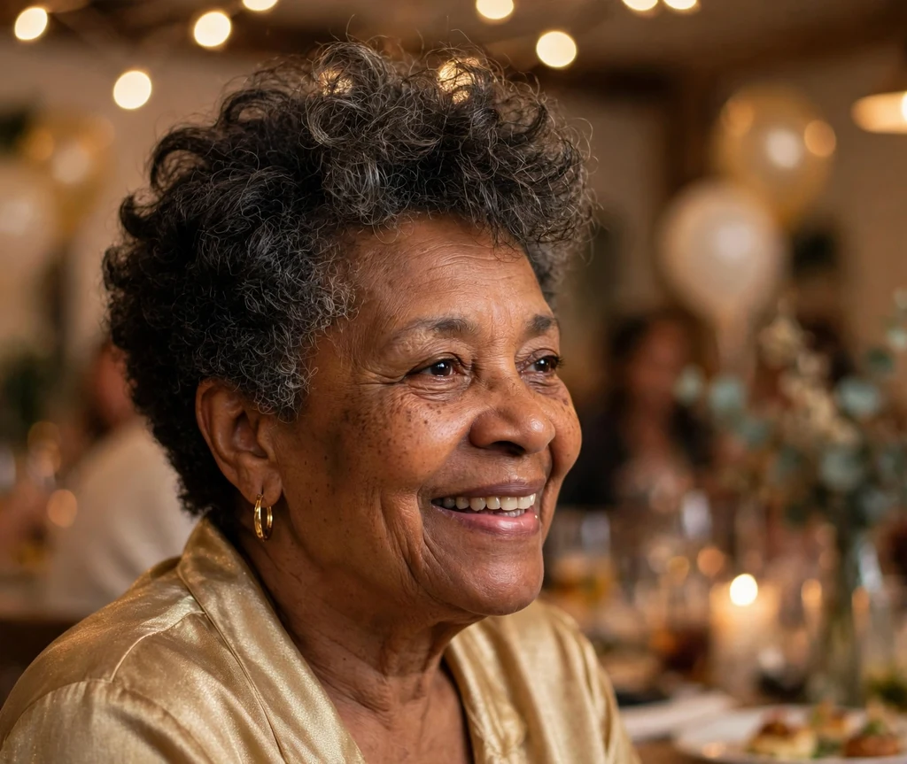 Black woman in her mid 60s with a short cut and voluminous top