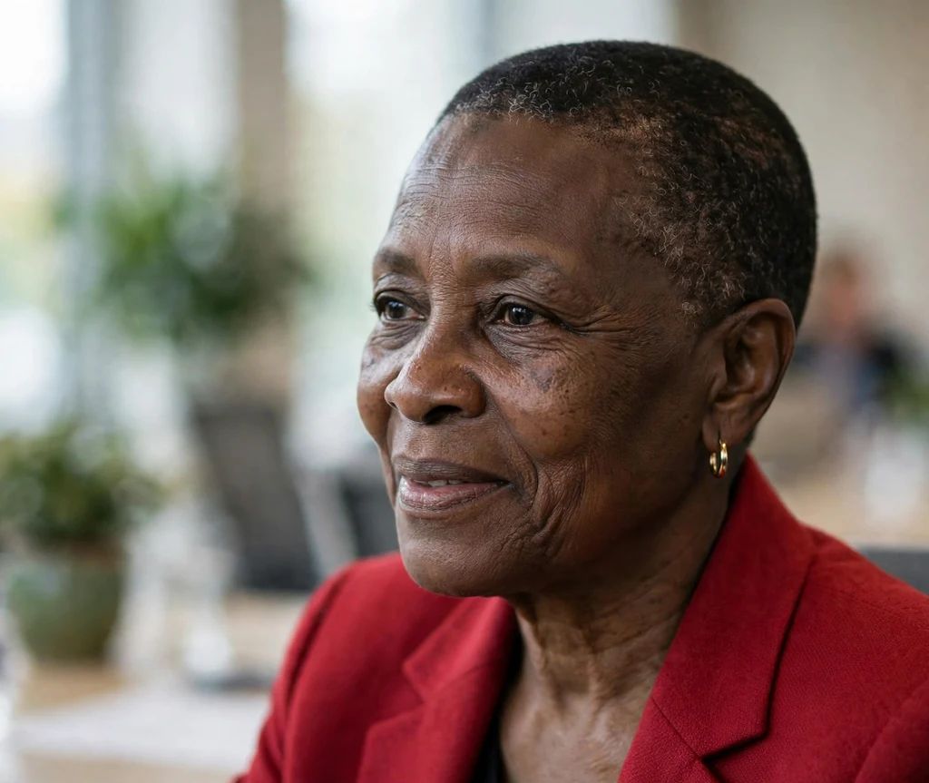 Black woman in her early 60s with a classic short crop and clean lines