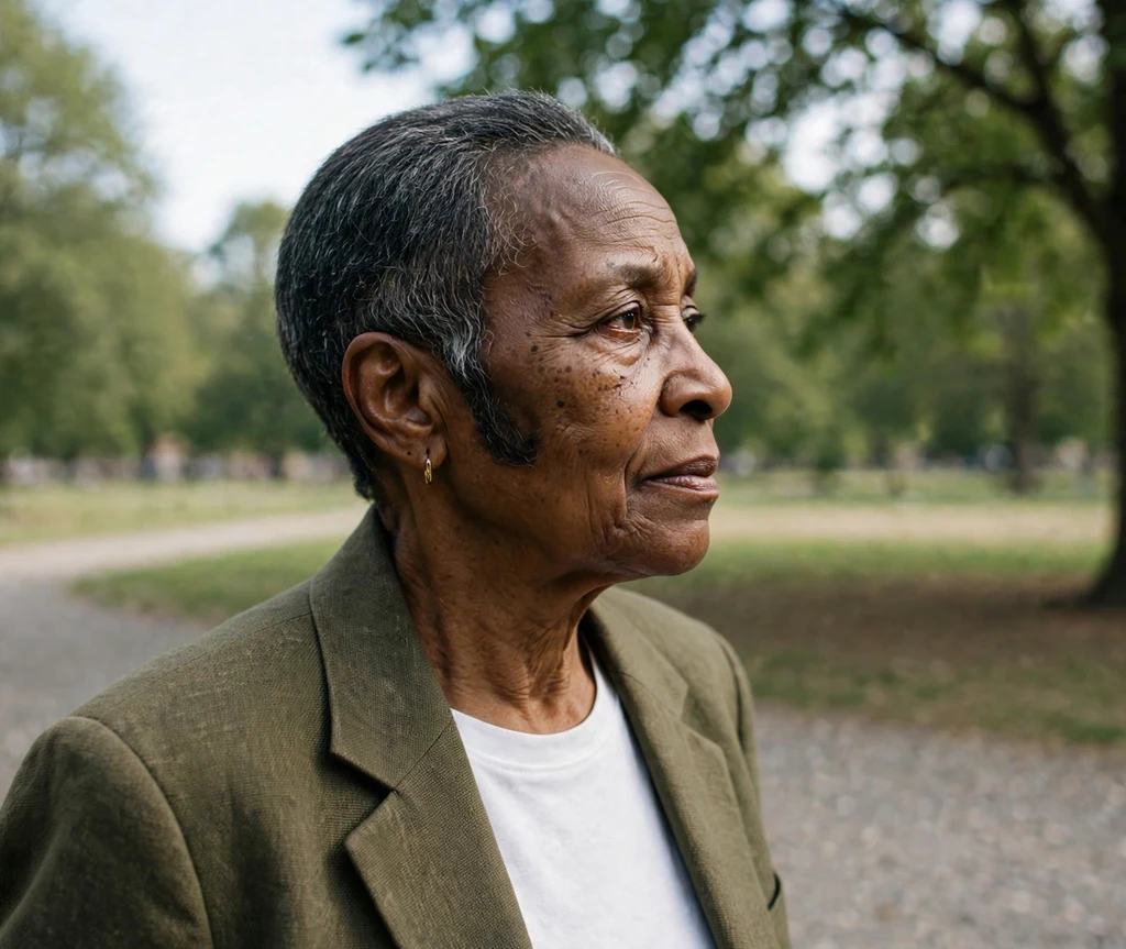 Black woman in her mid 60s with a short tapered cut and shaped sideburns