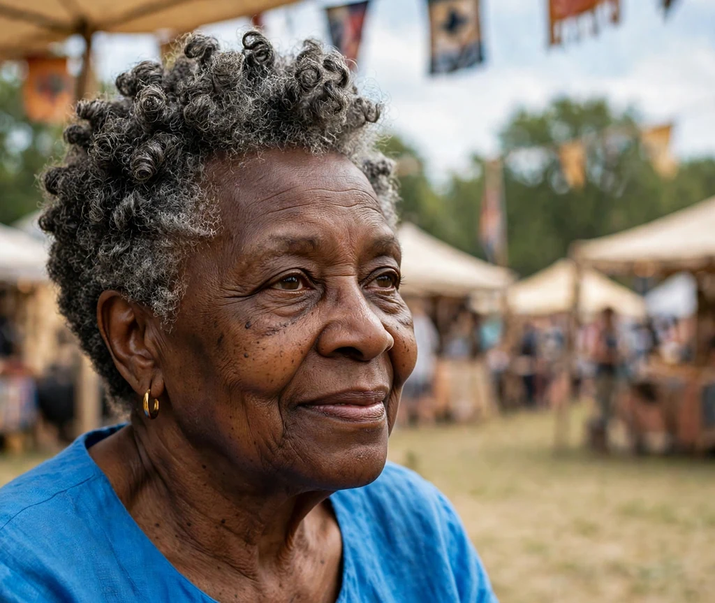 Black woman in her early 70s with an elegant short coily frohawk