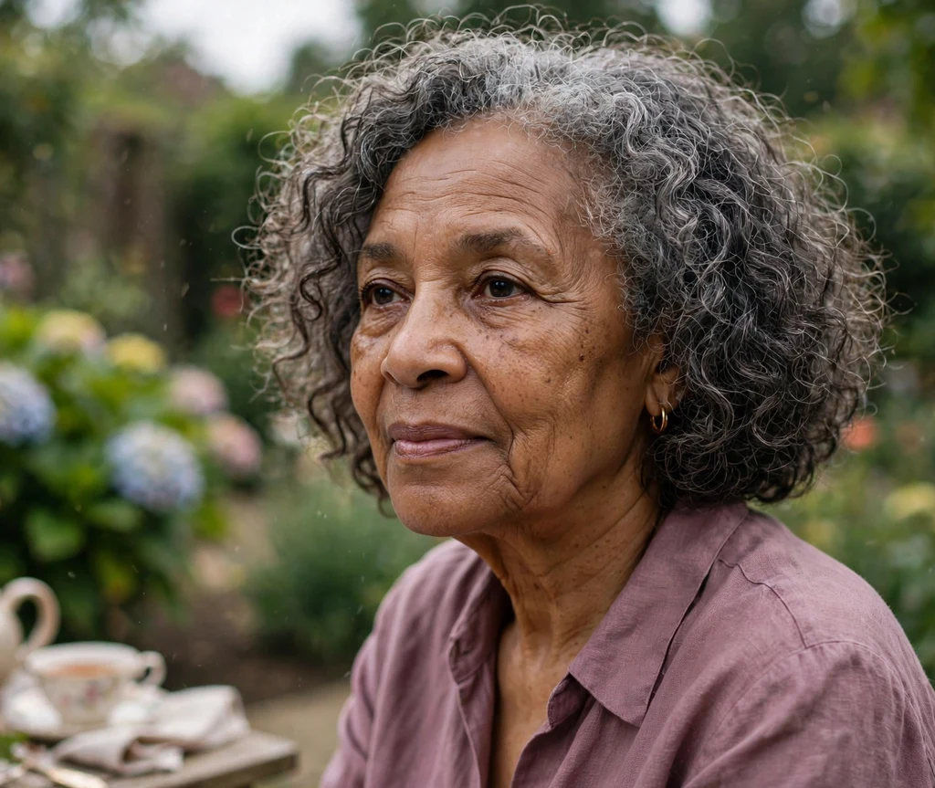 Black woman in her late 60s with a chin-length curly bob