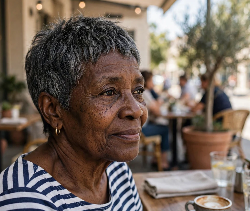 Black woman in her mid 60s with a short pixie and textured top