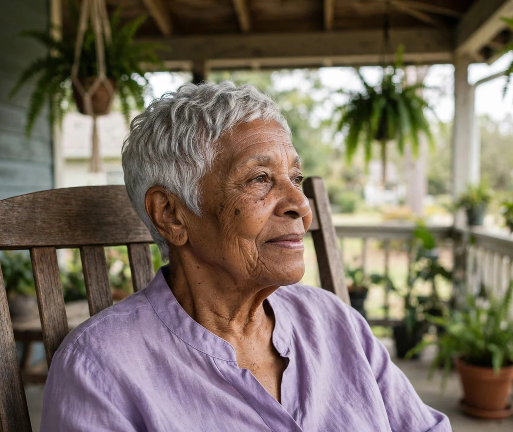 Black woman in her early 70s with a graceful silver crop