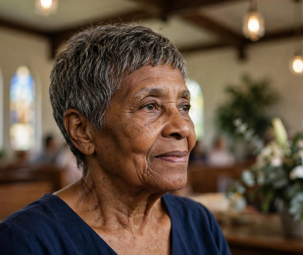 Black woman in her late 60s with a short relaxed pixie cut