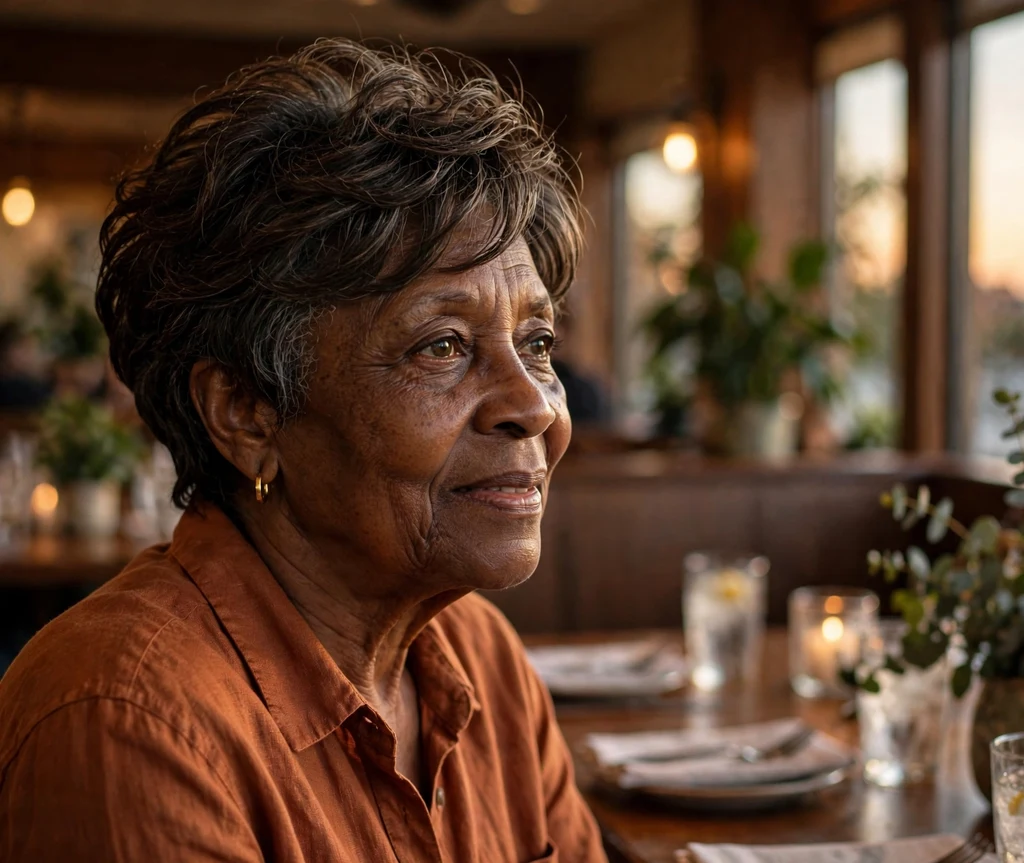 Black woman in her mid 60s with an elegant short layered cut and volume