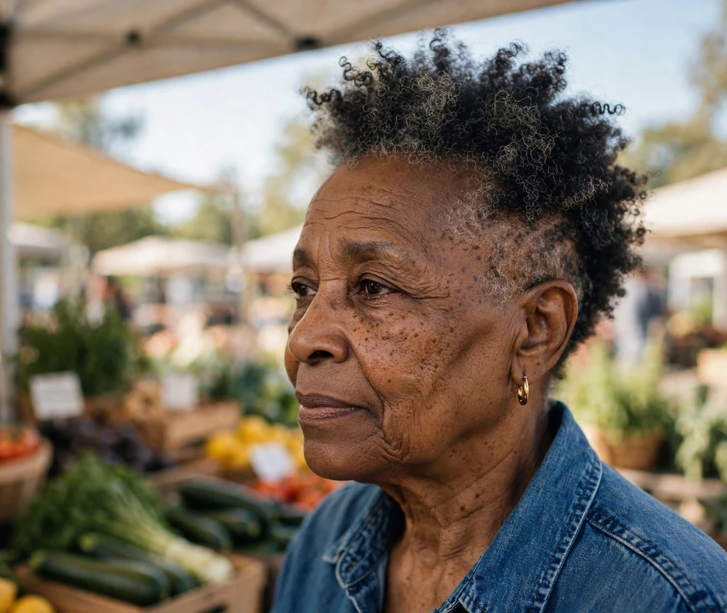 Black woman in her late 60s with tapered sides and a coily top