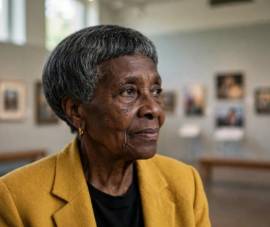 Black woman in her mid 60s with a short elegant bowl-inspired cut