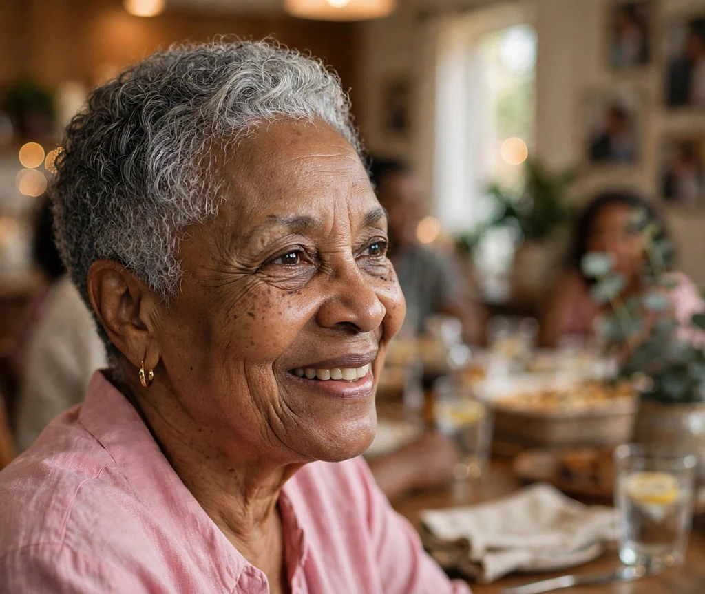 Black woman in her early 70s with a short cut and silver highlights